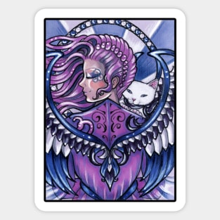 Guardian Angel and White Cat - Black Outline Version Sticker